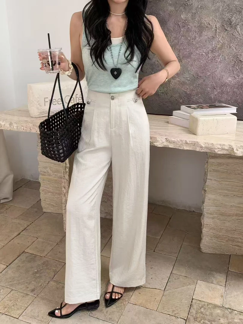 夏季高腰薄款口袋休闲裤宽松直筒休闲