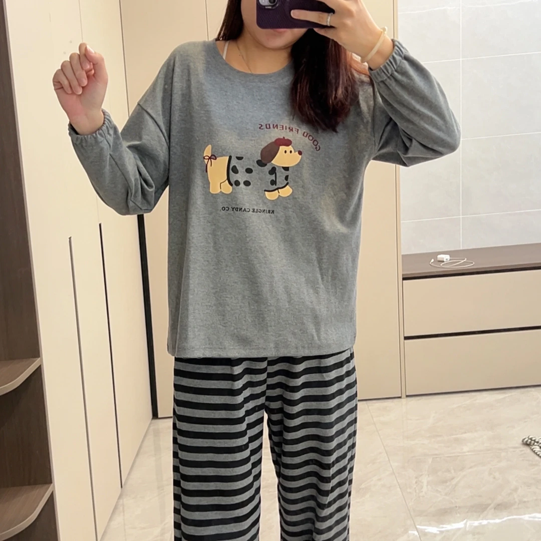 女士秋冬季长袖长裤带胸垫纯棉韩版休闲卡通睡衣