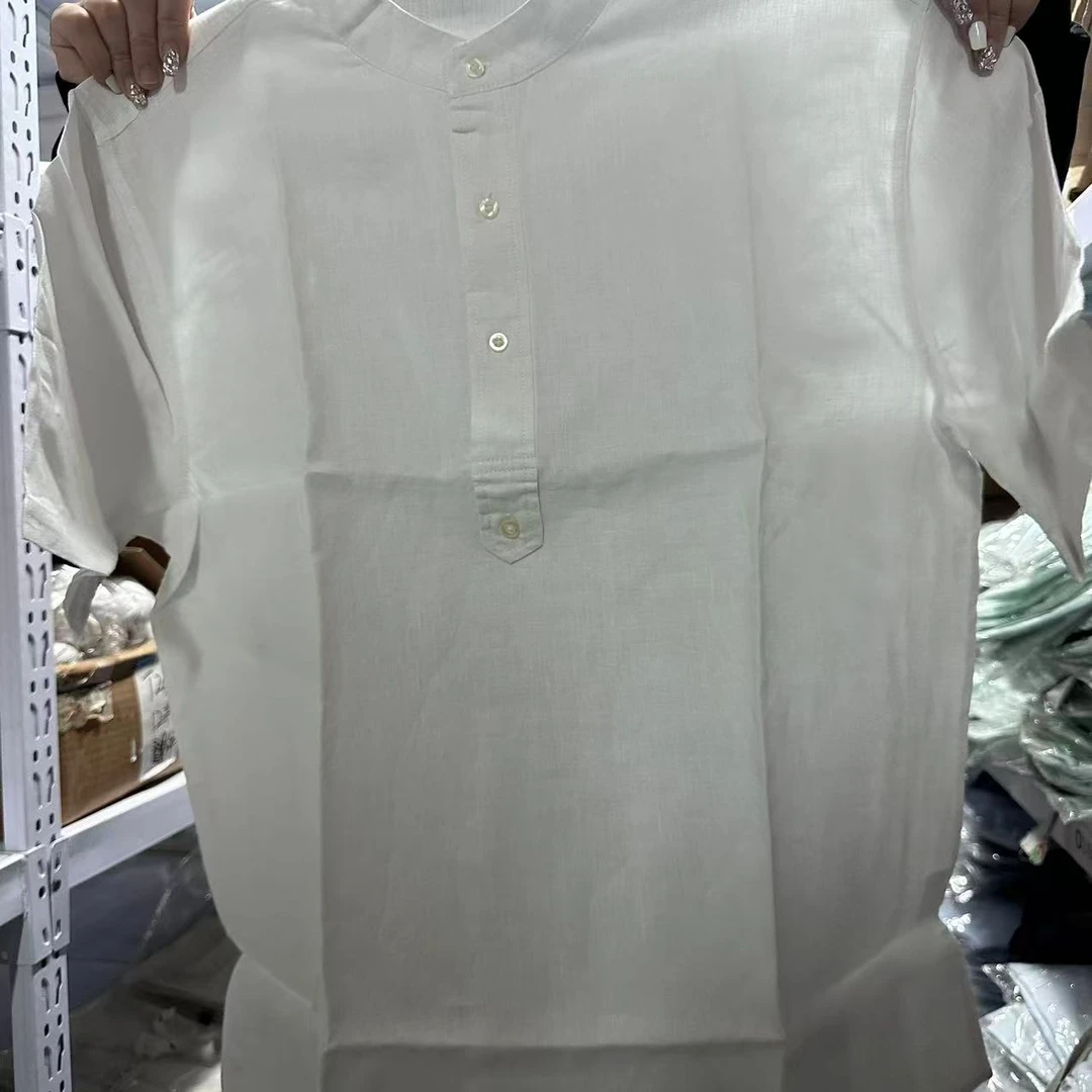 t307白色亚麻立领短袖衬衫