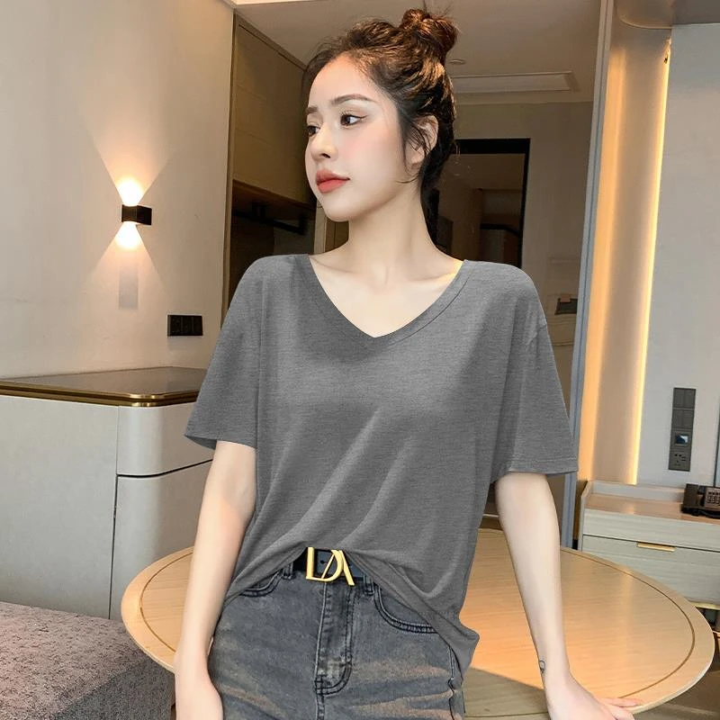 莫代尔短袖黑色面膜t恤女夏季V领2025年新款百搭冰丝低领宽松上衣