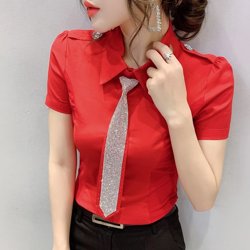 新款时尚翻领摩登上衣女气质广场吉特巴水兵舞显瘦带钻短袖衬衫夏
