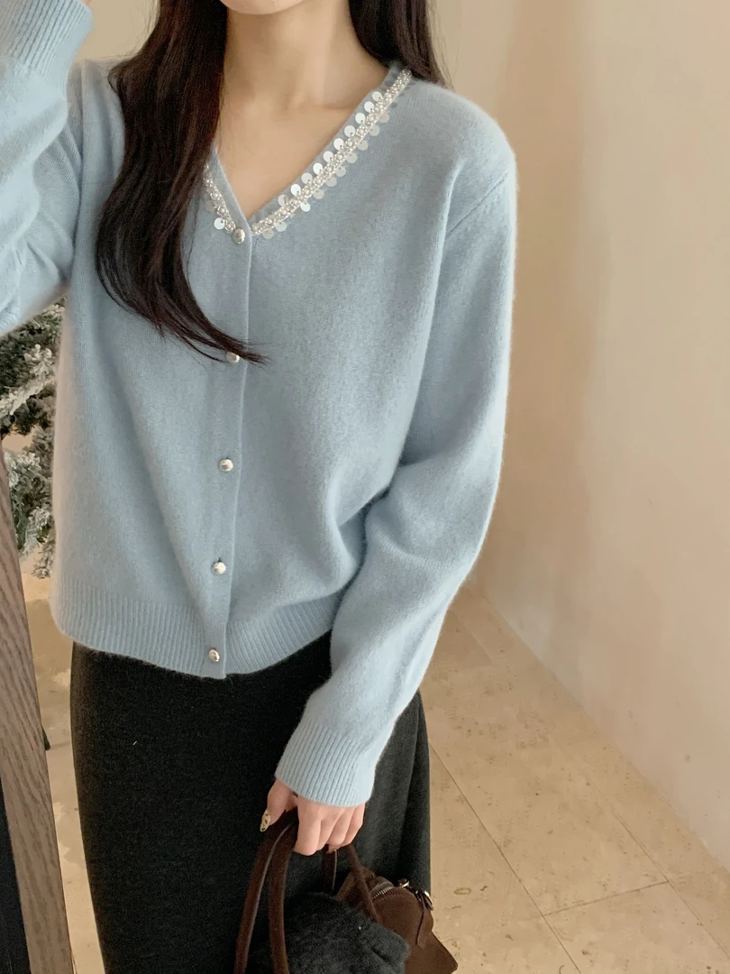 【DUODUO 969909】V领开衫加厚时尚宽松百搭长袖针织衫