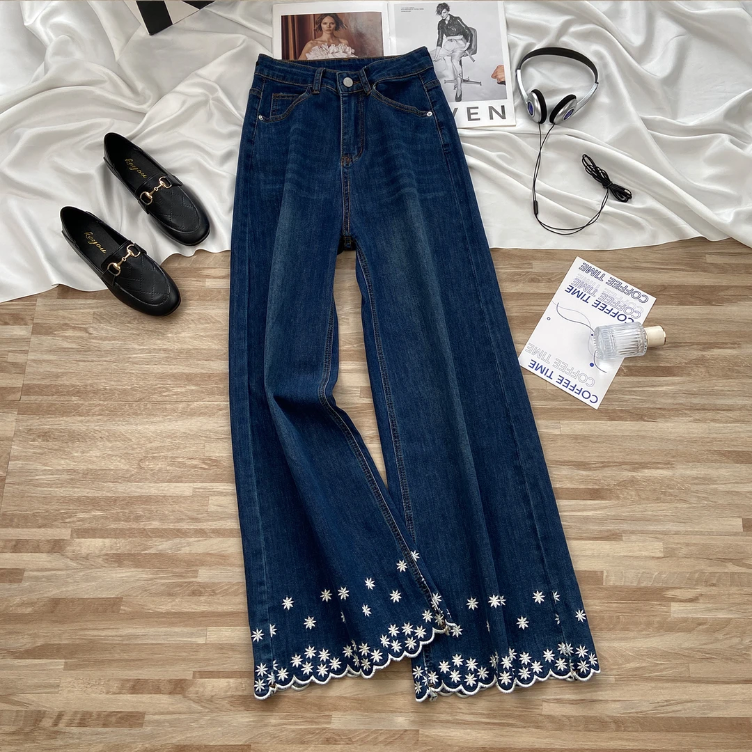 设计感刺绣~复古蓝直筒牛仔裤女秋季2025新款高腰显瘦宽松阔腿裤