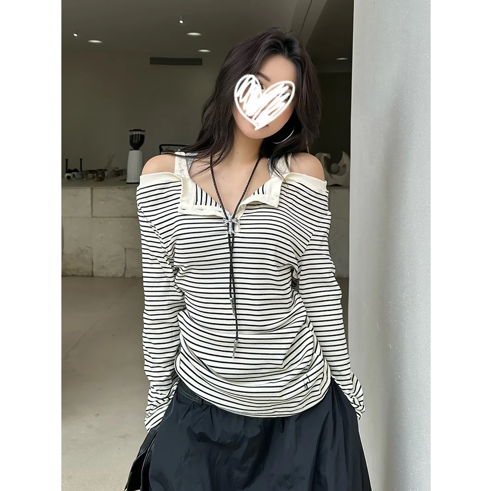 美式复古基础款休闲吊带露肩条纹修身长袖T恤女2025春秋显瘦上衣