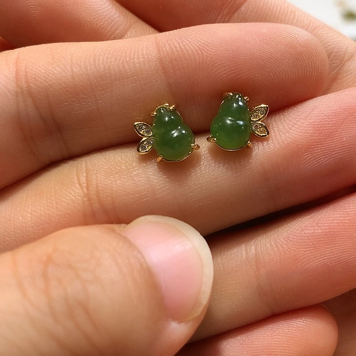 银S925镀金镶嵌和田玉（碧玉）耳饰