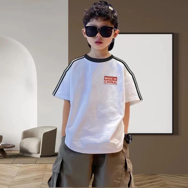 童装男童三条杠纯棉短袖t恤夏季新款洋气韩版印花上衣中大童休闲T