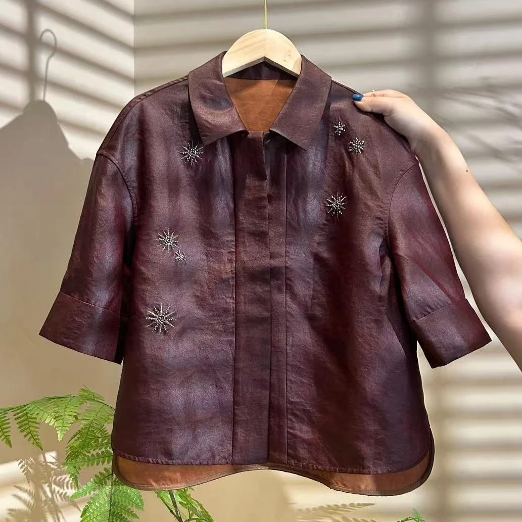【雪花】100%桑蚕丝香云纱钉珠刺绣衬衫上衣