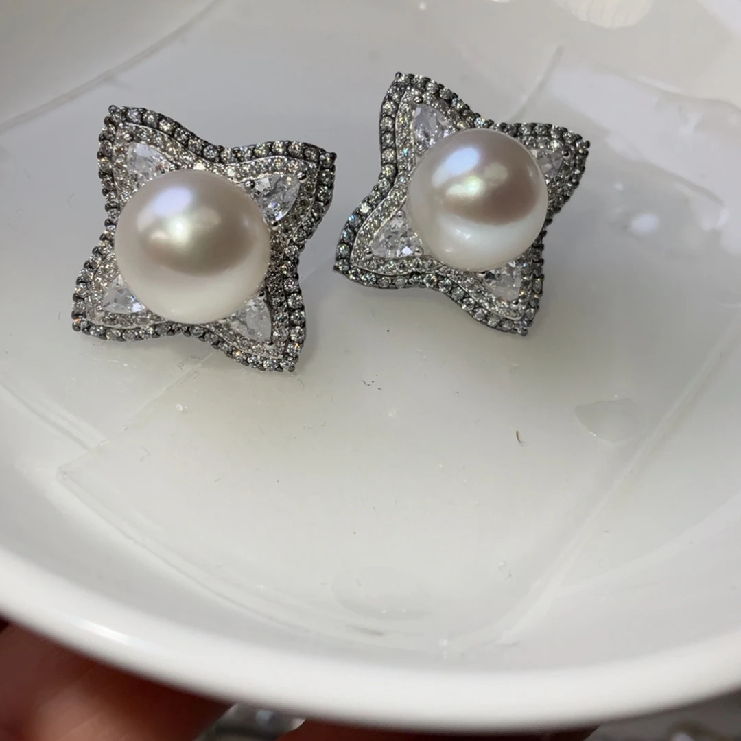 耳饰银S925镶嵌淡水珍珠