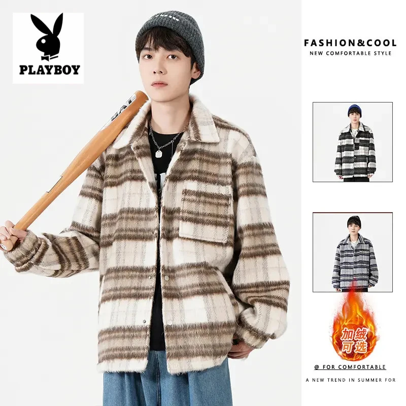 花花公子2025新款美式潮牌秋冬季男生毛呢格纹夹克高级感痞帅外套