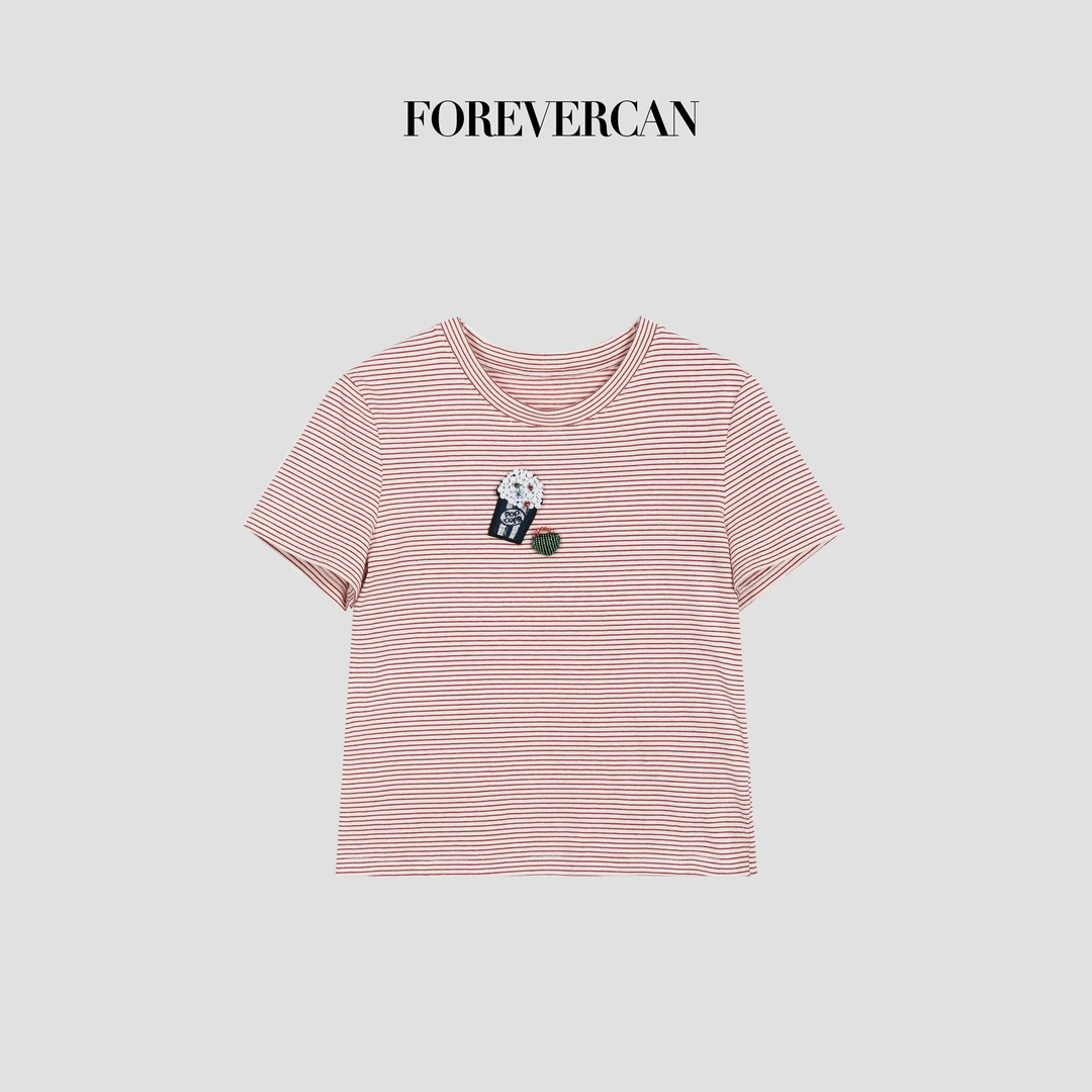 FOREVERCAN“少女企划”经典撞色条纹钉珠百搭短袖T恤ST23210