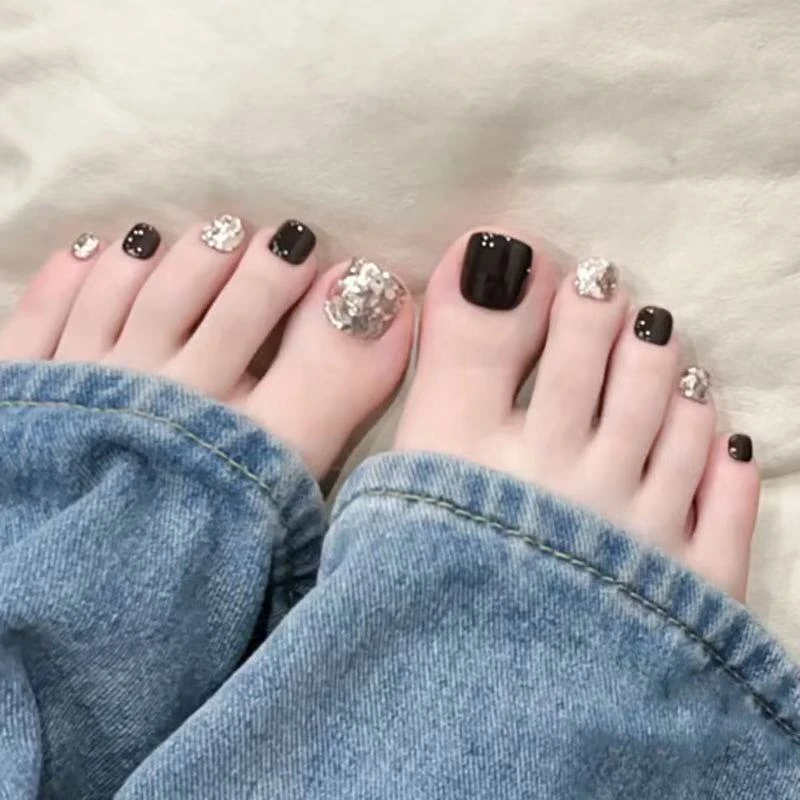 A02黑夜闪耀-夏季爆款纯手工脚甲穿戴甲显白闪亮黑色美甲【14片装】