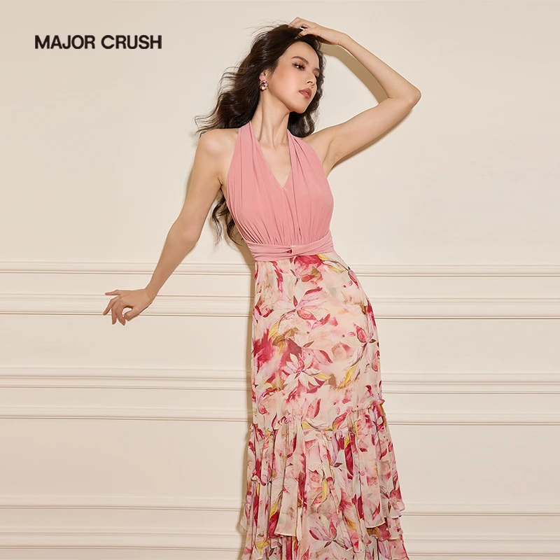 MAJOR CRUSH早秋显瘦时尚气质设计师绯樱薄雾挂脖连衣裙7224