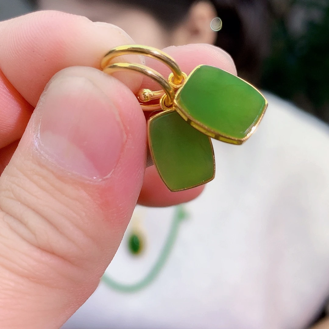 吊坠(不含链)银S925镶嵌和田玉（碧玉）耳钉