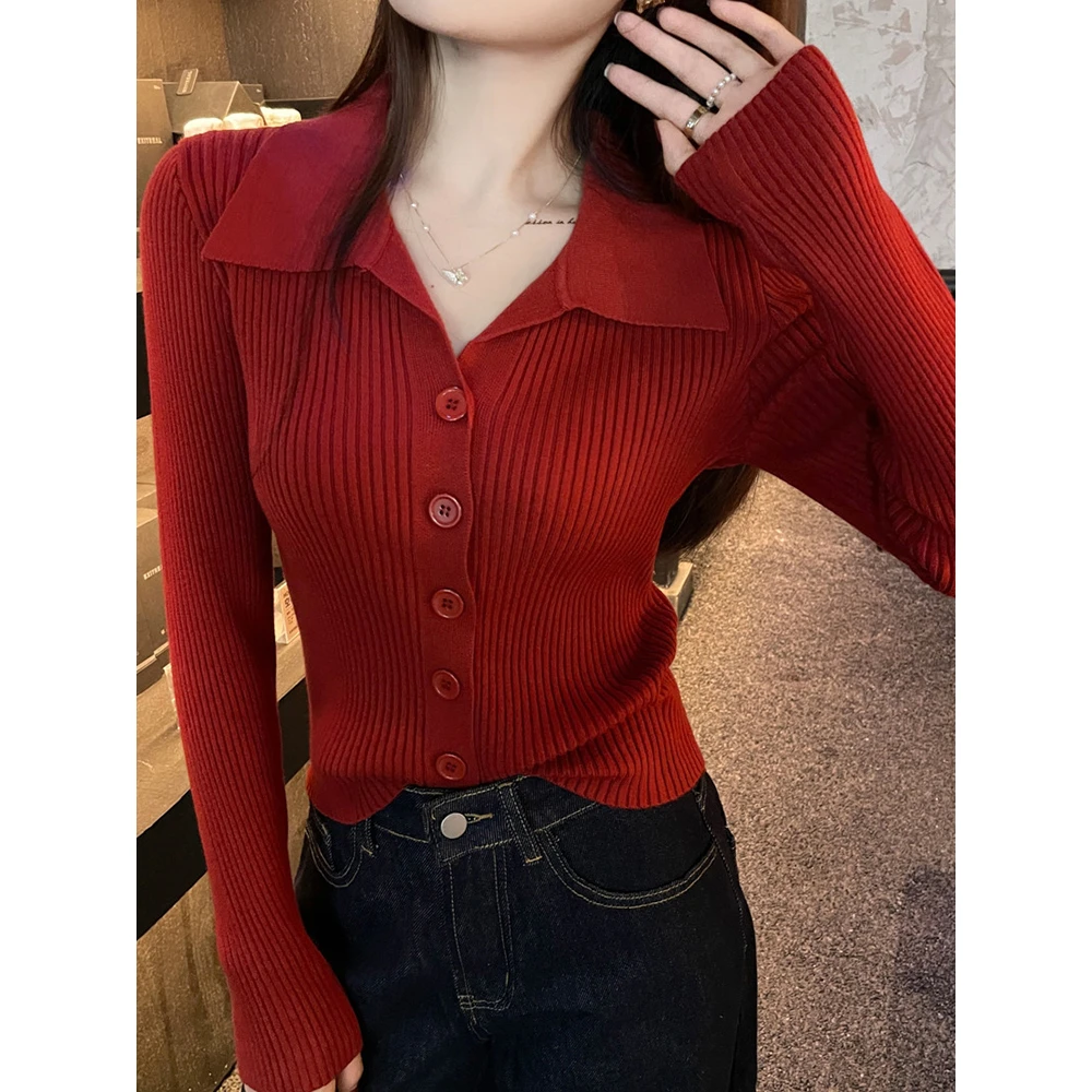 春装新款红色polo领显瘦针织衫开衫女韩版修身长袖内搭打底上衣潮