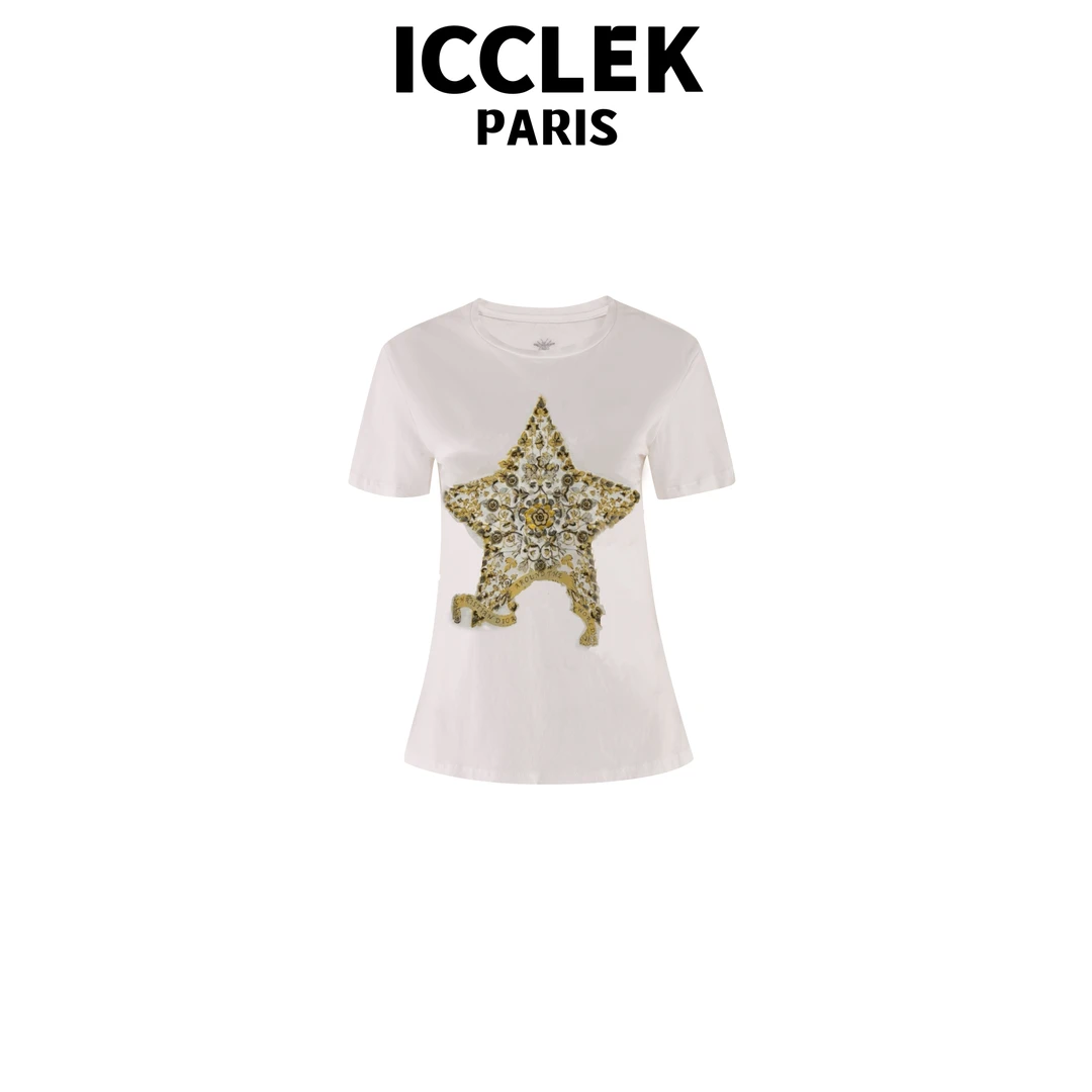 ICCLEK  五角星花卉刺绣圆领短袖T恤 百搭  时尚 -6007