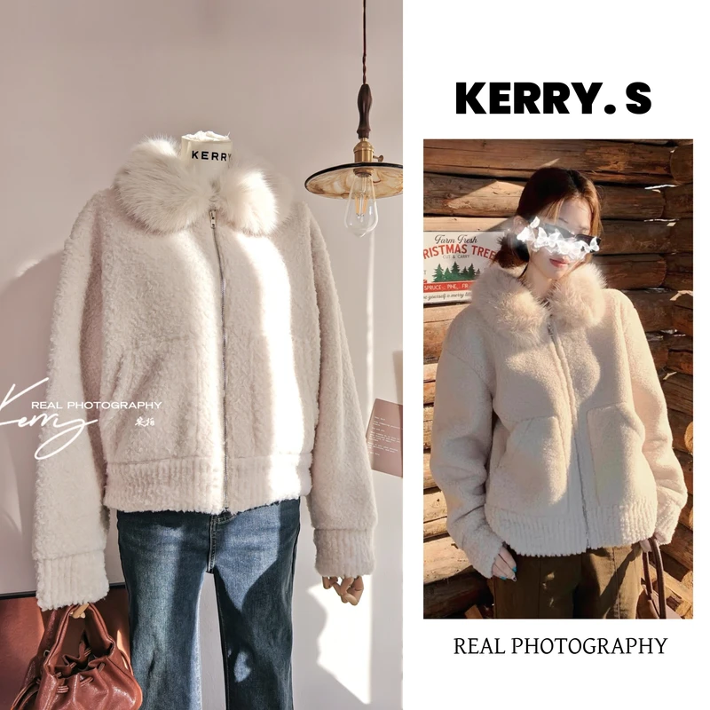 冬日暖绒千金外套女秋冬毛领加厚拉链短款白色毛毛外套