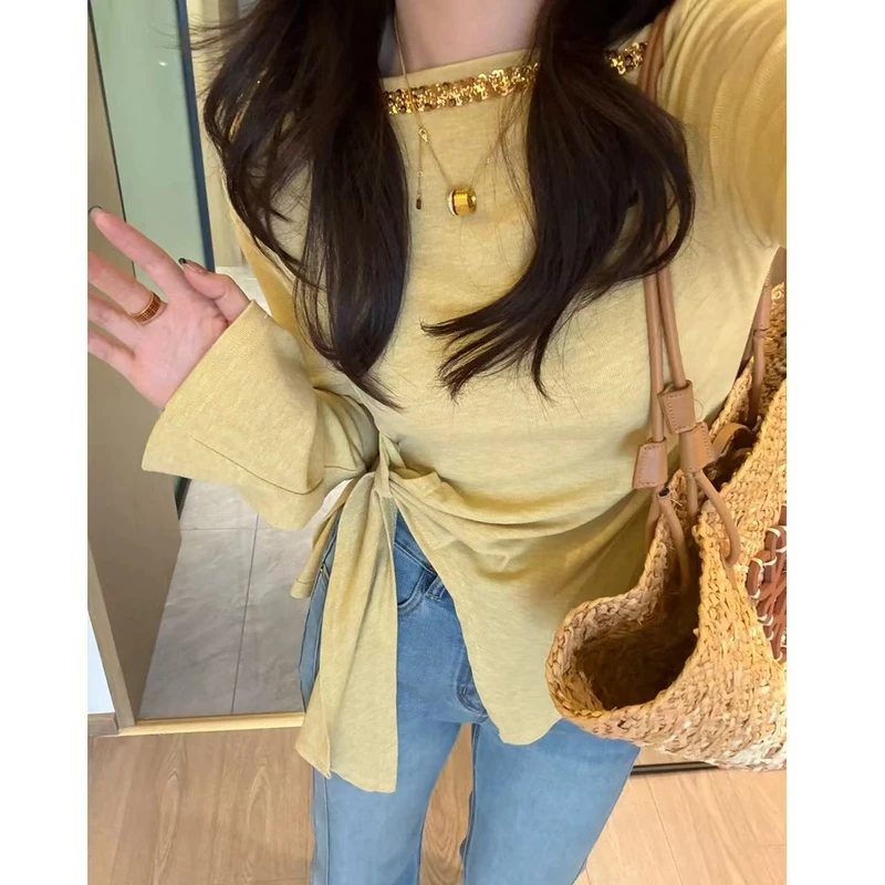 豆子推荐【塞纳河】2025新款春季亮片一字肩系带款长袖时尚上衣