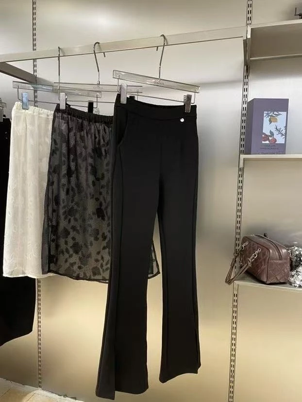 Manmi  设计款开衩半松紧腰弹力西装微喇裤  6136（K1）