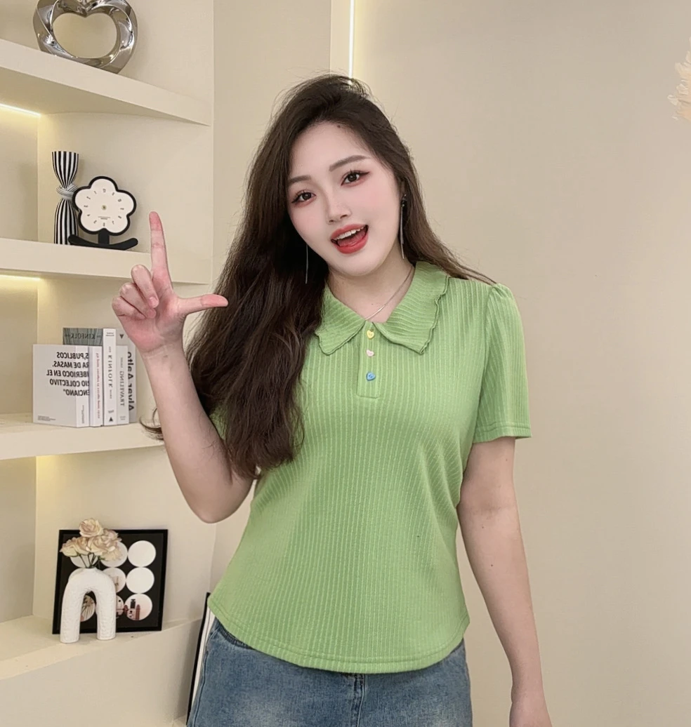 大码女装胖mm韩版彩色扣短袖T恤女2025夏季遮肉显瘦百搭上衣