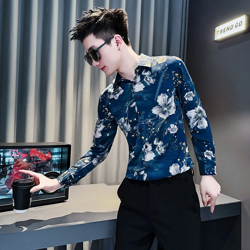 花色衬衫男长袖春秋季潮流休闲寸衫2025新款休闲男装痞帅修身衬衣