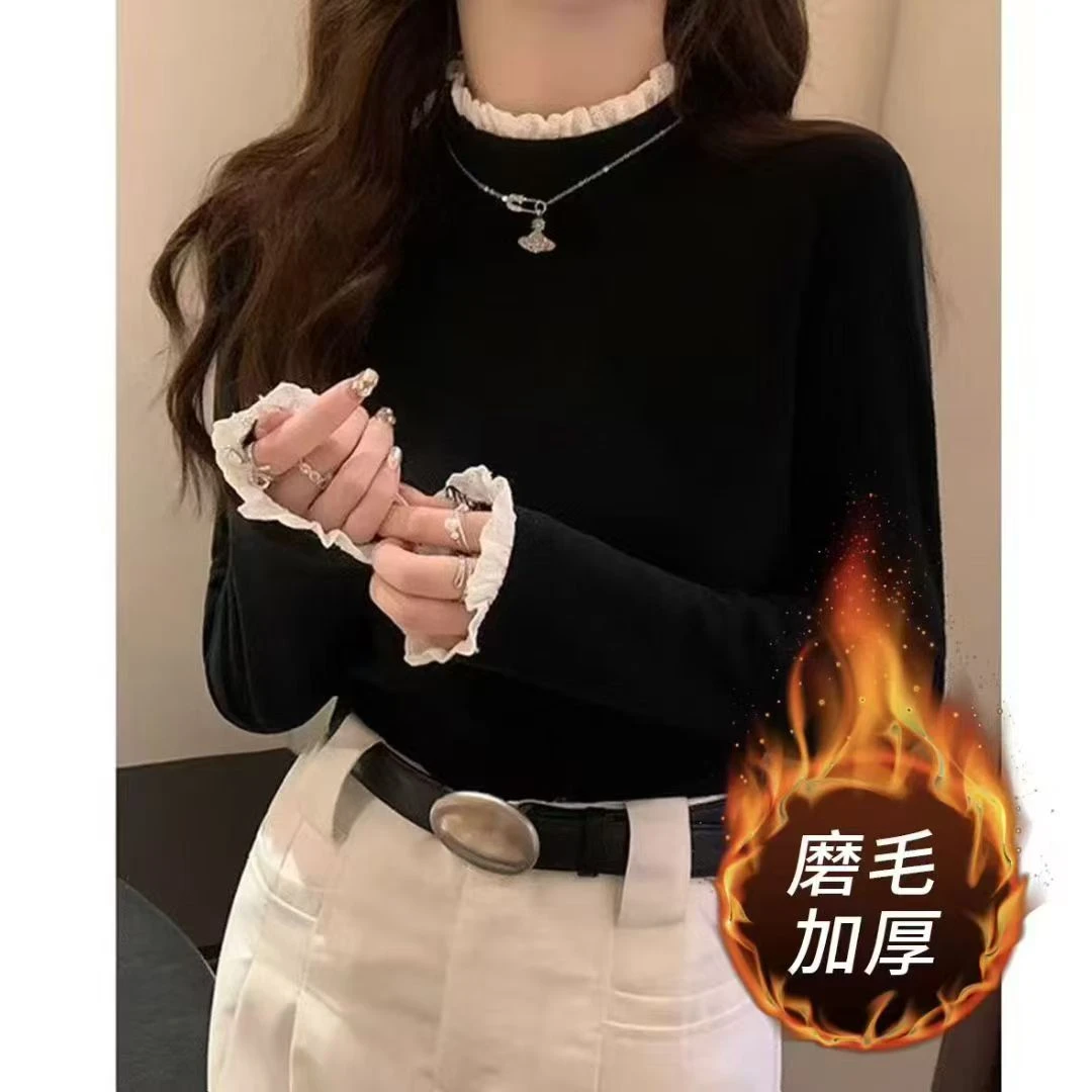磨毛加厚女蕾丝内搭花边木耳边半高领长袖打底衫