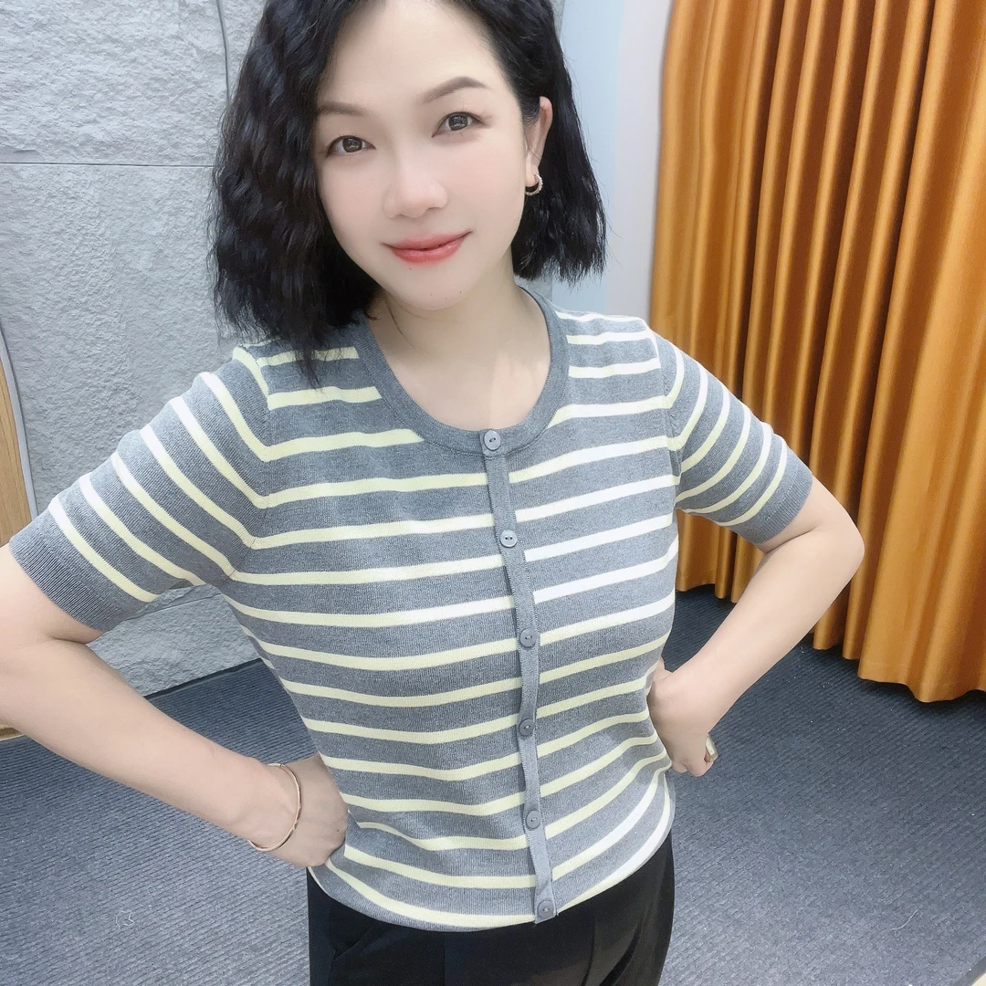5221夏季经典条纹微胖显示短袖【大米家上衣】韩系条纹圆领假开衫