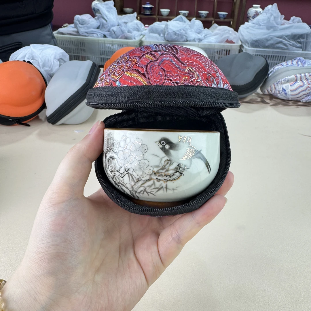 喜上眉梢鸟语花香米黄铜钱主人杯陶瓷茶具A61