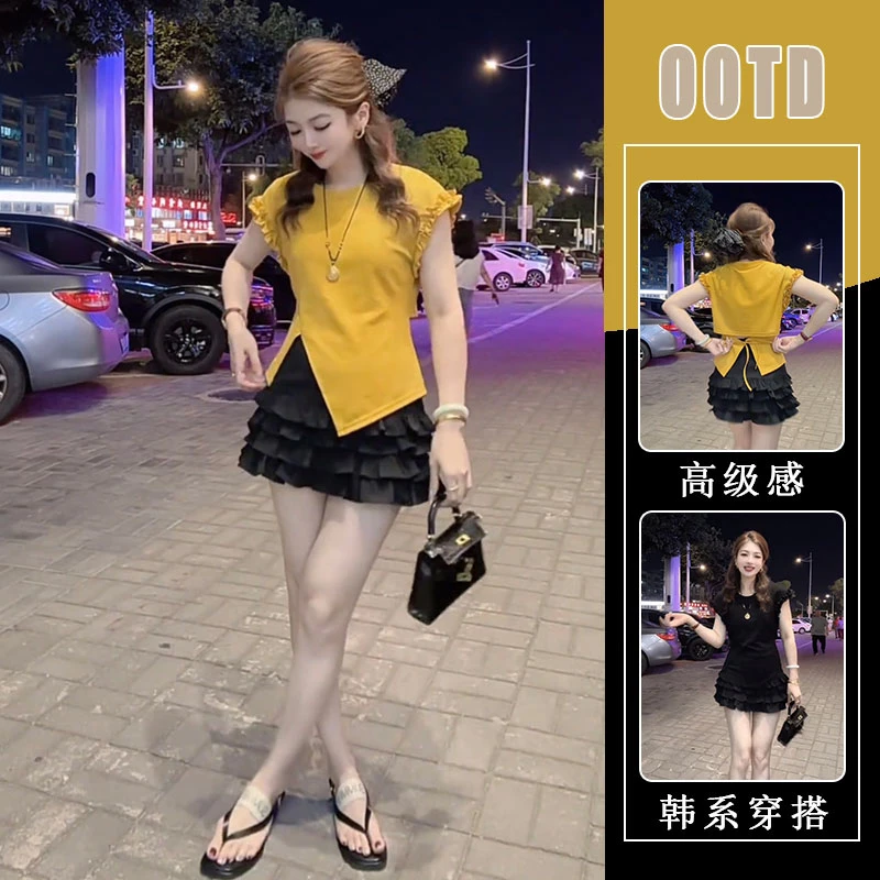 2025夏装新款韩版设计感木耳边短袖t恤女小个子减龄蛋糕短裙套装