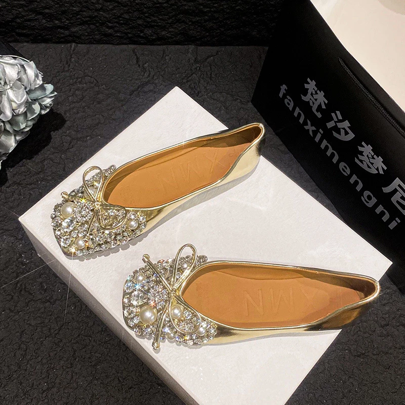 平底水钻单鞋女夏季新款百搭浅口方头舒适软底2025年流行女单鞋