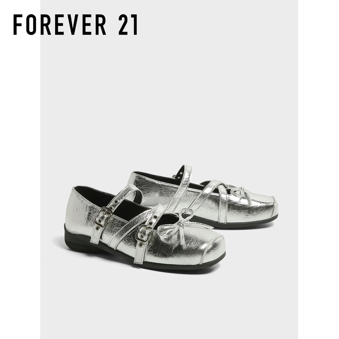 F21银色方头浅口单鞋女2025新款夏季软底显气质轻便百搭玛丽珍鞋