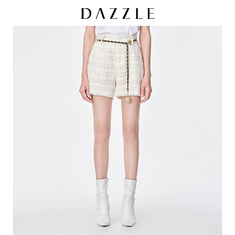 DAZZLE地素 法式白色粗花呢流苏短休闲裤女2D2Q120
