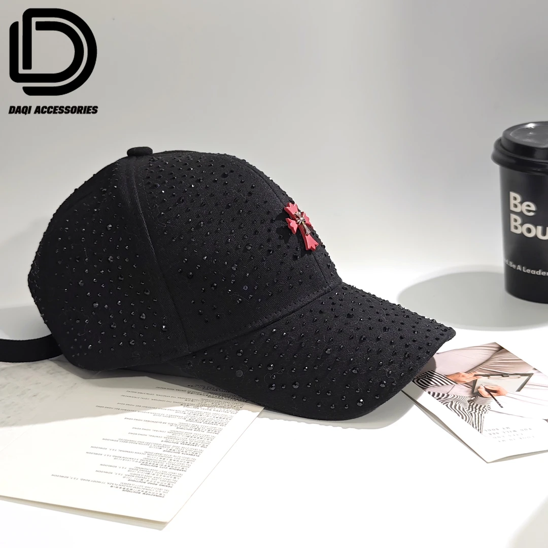 05017大淇原创韩版潮酷圆顶黑色镶嵌弯檐帽子