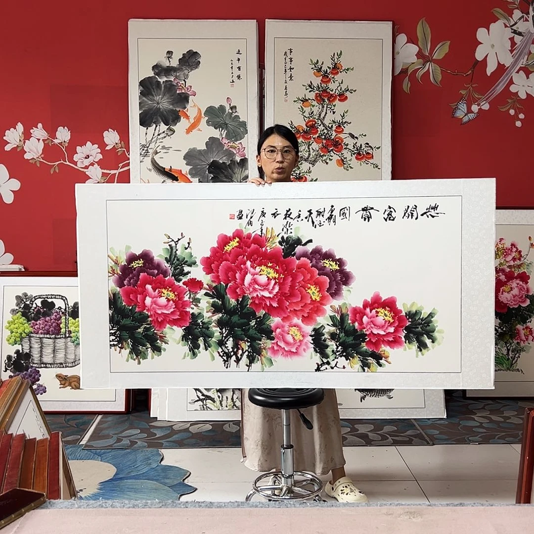 国画手写手绘国画作品带框包邮82✖️162