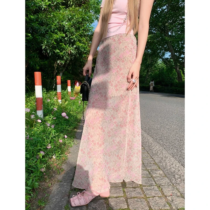 《星夜幻舞》粉色碎花半身裙女新款高腰显瘦复古遮胯中长款裙子