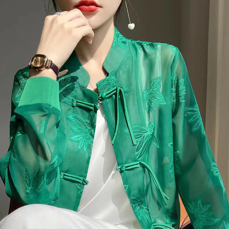 新品气质新中式国风提花上衣流苏盘扣长袖半高领开衫衬衫2255