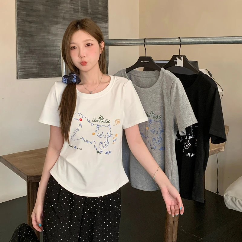 大码胖mm韩版可爱猫咪印花短袖T恤夏季新款减龄正肩上衣显瘦百搭