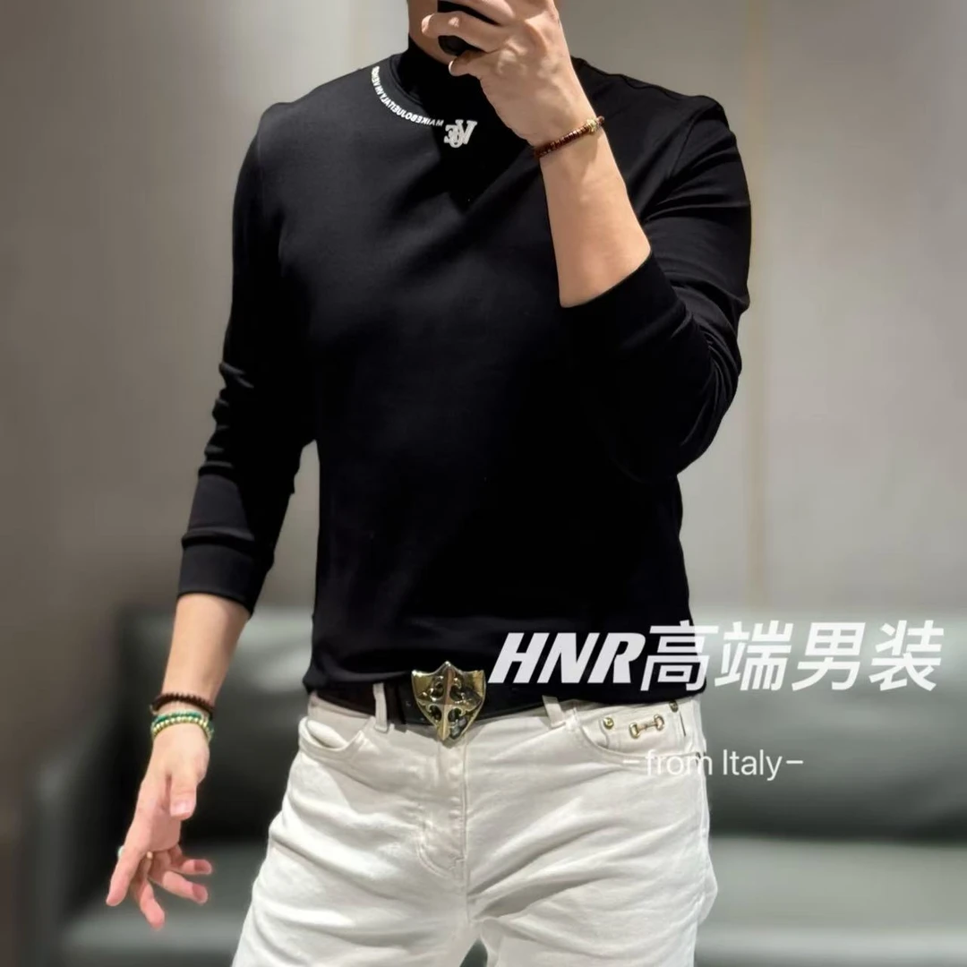 【VEHO品牌】领口图案设计高端男士圆领长袖加绒T恤9396