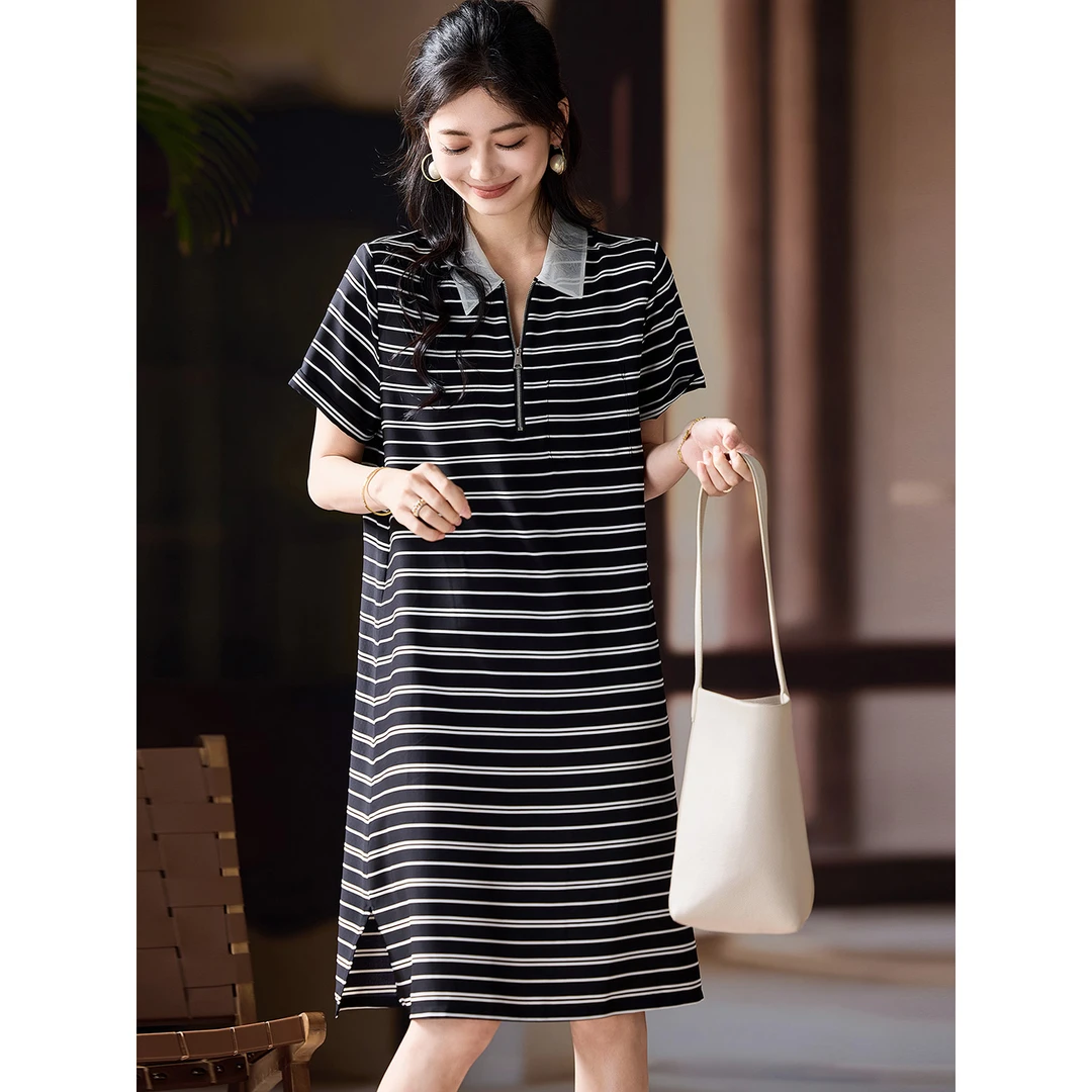 高端休闲条纹连衣裙女夏季2025新款设计感时尚气质宽松显瘦T恤裙