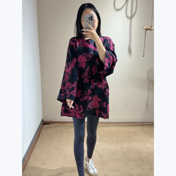 凤穿牡丹！100桑蚕丝香云纱太太服真丝长袖气质复古宽松收腰衬衫