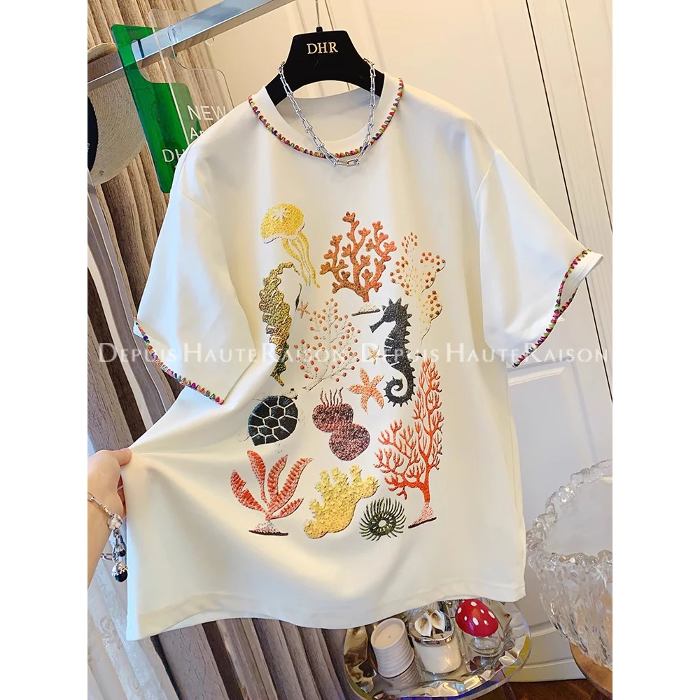 胖妹妹大码240斤独特超好看海底世界短袖T恤宽松上衣女2025夏新款