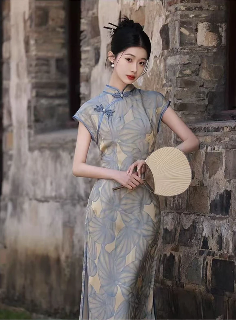 0772 香槟蓝 麦穗扣 【荧光荷叶】 旗袍