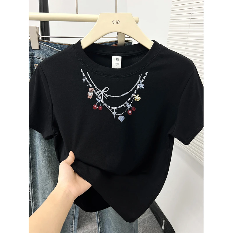 大码微胖mm短袖t恤女夏季时尚洋气圆领项链印花显瘦正肩上衣潮牌