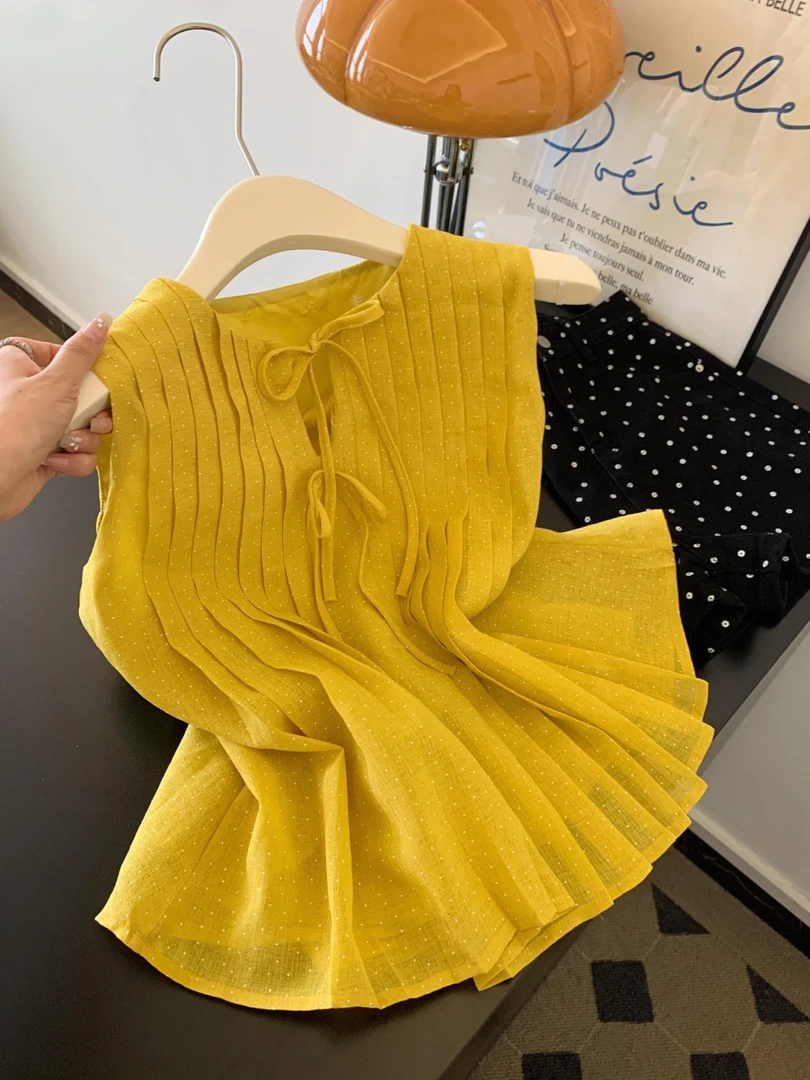 韩系别致压褶蝴蝶结系带无袖衬衫女夏外穿设计感宽松黄色背心上衣