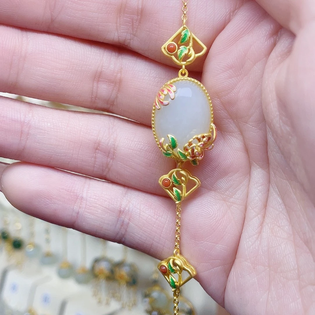 和田玉银S925镀金镶嵌手链