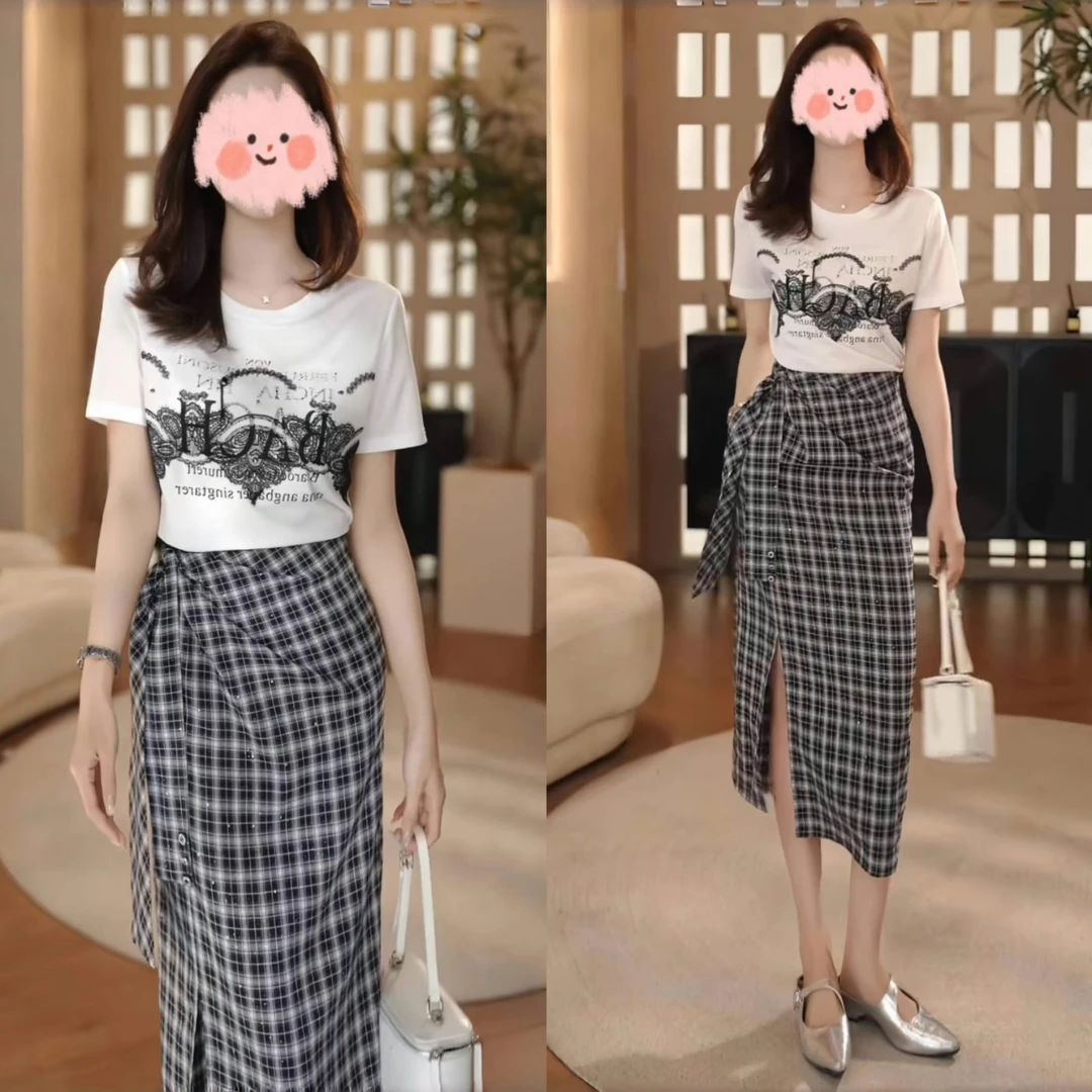 2025夏季新款减龄蕾丝拼接圆领短袖T恤显瘦百搭格子半身裙套装女