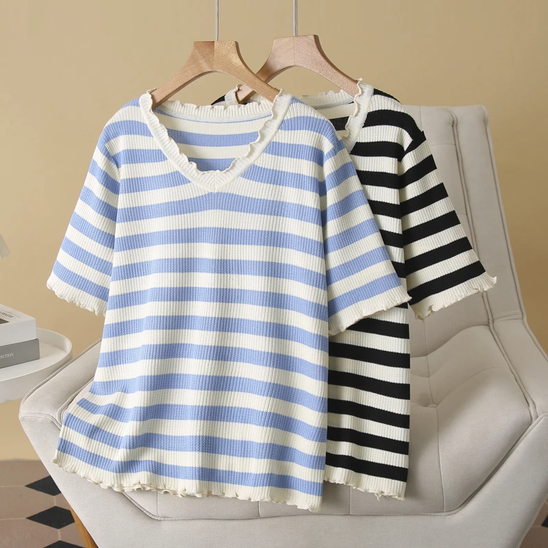 梦冬佳--100-190斤微胖大码女装夏季百搭显瘦V领条纹针织衫短袖