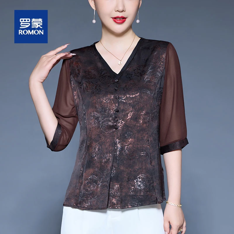 罗蒙中老年人奶奶夏装高端雪纺小衫T恤套装女贵夫人妈妈衬衫上衣