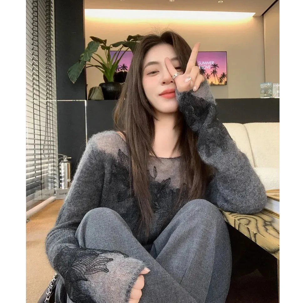 2025秋季新款韩系气质高级慵懒小香风灰色针织衫休闲裤子两件套装
