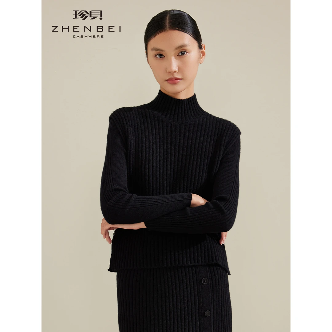 ZB/珍贝2024秋冬新款纯羊绒半高领加厚抽条无袖针织衫背心女31142