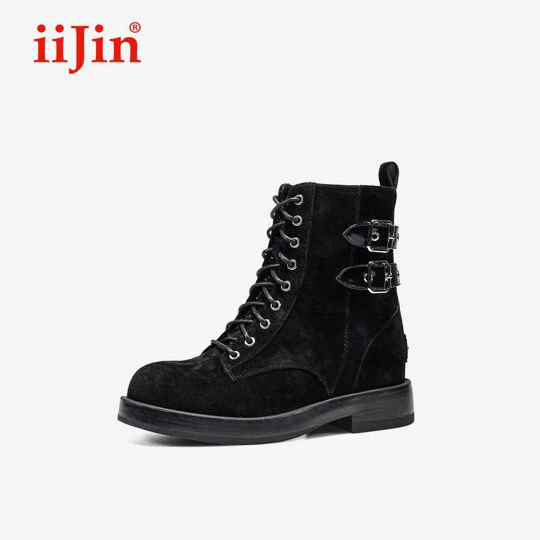 iiJin艾今25秋新品8cm厚底内增高时尚皮带扣西部马丁短靴女594NFA